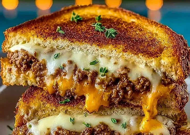 Delicious cheesy ground beef melt sandwich on a plate